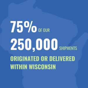 Statistic about Superior Transport and Logistics handling shipments that originated or delivered in Wisconsin on blue background with state outline